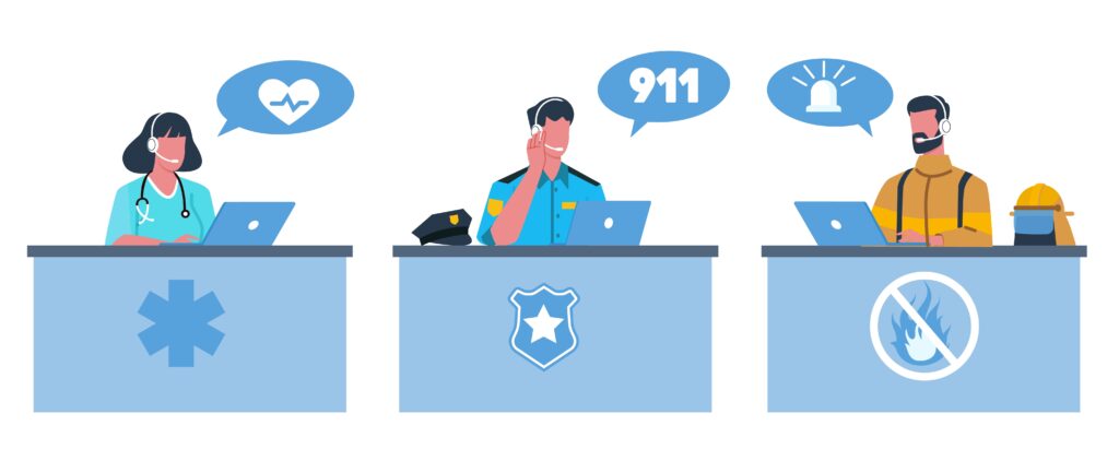 Operators of emergency services, ambulance, police and fire department. People sitting at table in headphones. Call center, online hotline support. Cartoon flat style isolated illustration. Vector set